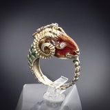 Vintage 18K, Diamond & Enamel Ram's Head Ring