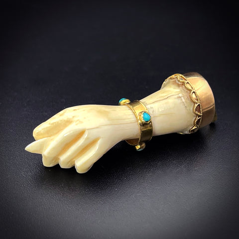 Antique 18K, Carved Bone & Turquoise Figa Charm
