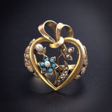 Antique Victorian 14K, Turquoise & Seed Pearl Narcissus Heart Conversion Ring