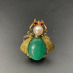 Delightful Mid-Century 14k Gold, Jadeite, & Pearl Insect Conversion Ring