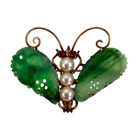 Vintage 14K, Carved Jade, Pearl & Ruby Moth Insect Brooch/Pendant