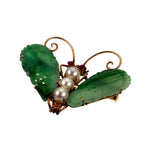 Vintage 14K, Carved Jade, Pearl & Ruby Moth Insect Brooch/Pendant
