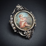 Antique Silver, Seed Pearl & Hand Painted Cherub & Lyre Brooch
