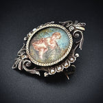 Antique Silver, Seed Pearl & Hand Painted Cherub & Lyre Brooch