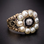 Sold--Antique Georgian 18K, Diamond, Pearl & Enamel Locket Back Mourning Ring
