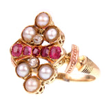 Victorian Ring of Rubies Pearls and Diamonds  Set in 18K/14K Gold