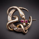Antique 9K,Ruby & Seed Pearl Snake & Crescent Moon Brooch