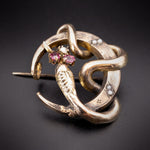 Sold-  Antique 9K,Ruby & Seed Pearl Snake & Crescent Moon Brooch