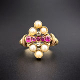 Victorian Ring of Rubies Pearls and Diamonds  Set in 18K/14K Gold