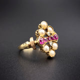 Victorian Ring of Rubies Pearls and Diamonds  Set in 18K/14K Gold